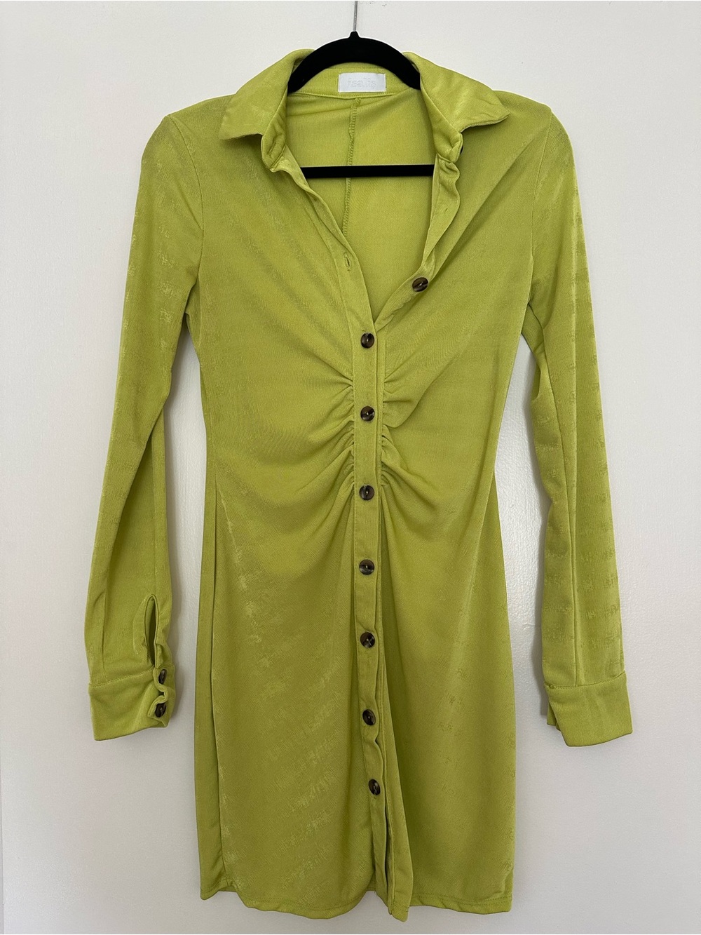 Ruched Button-Front Long Sleeve Dress in Lime Green